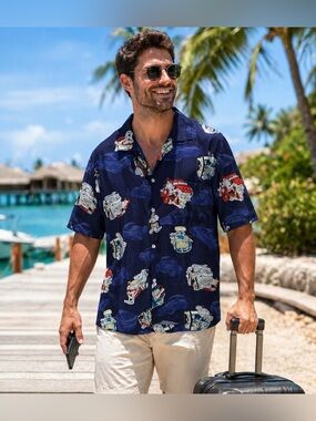 Matt Rider Hawaiian Camp Collar Shirt XL Car VTG Engine Print Vacation Button Up